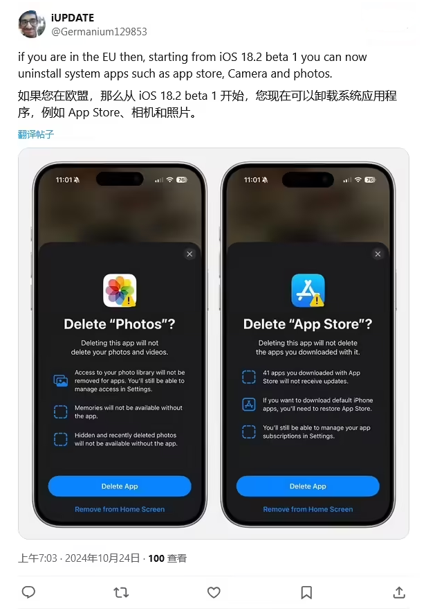 新荣苹果手机维修分享iOS 18.2 支持删除 App Store 应用商店 