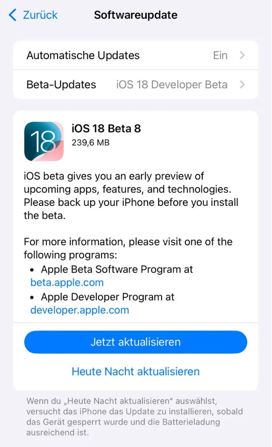 新荣苹果手机维修分享苹果 iOS / iPadOS 18 开发者预览版 Beta 8 发布 